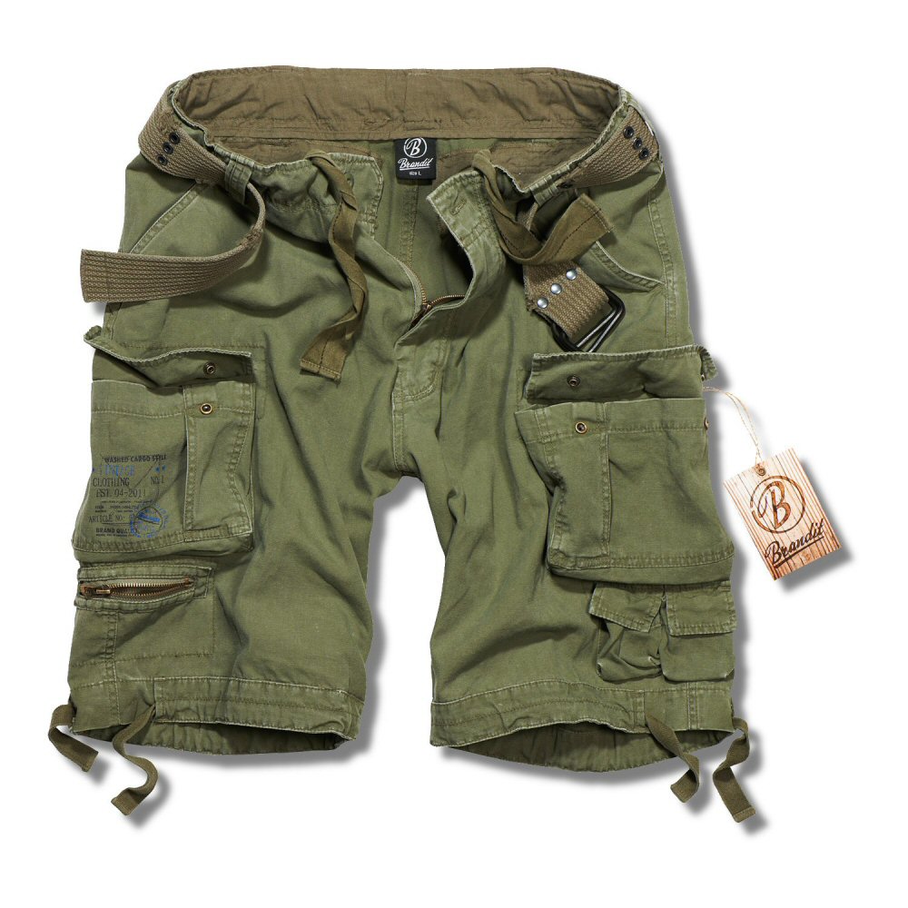 Brandit Washed Belted Premium Combat Cargo Shorts Olive Green M